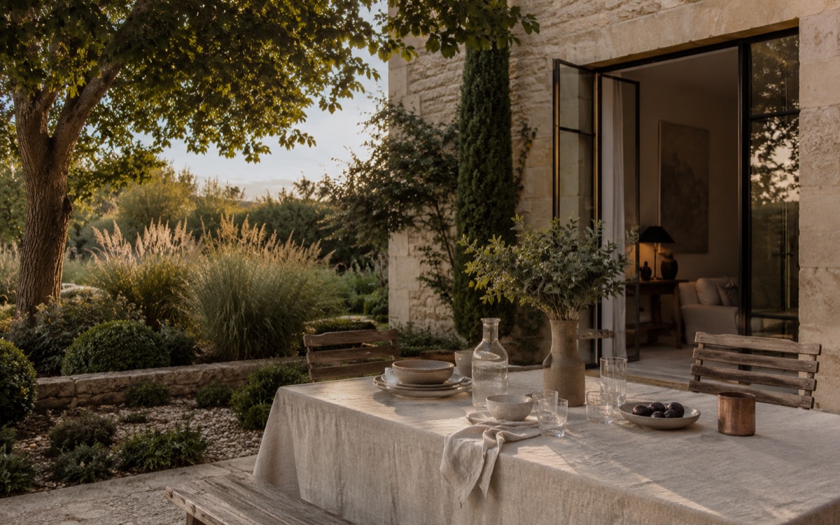 Jardin arboré et terrasse en pierre, illustration du site de paysagiste