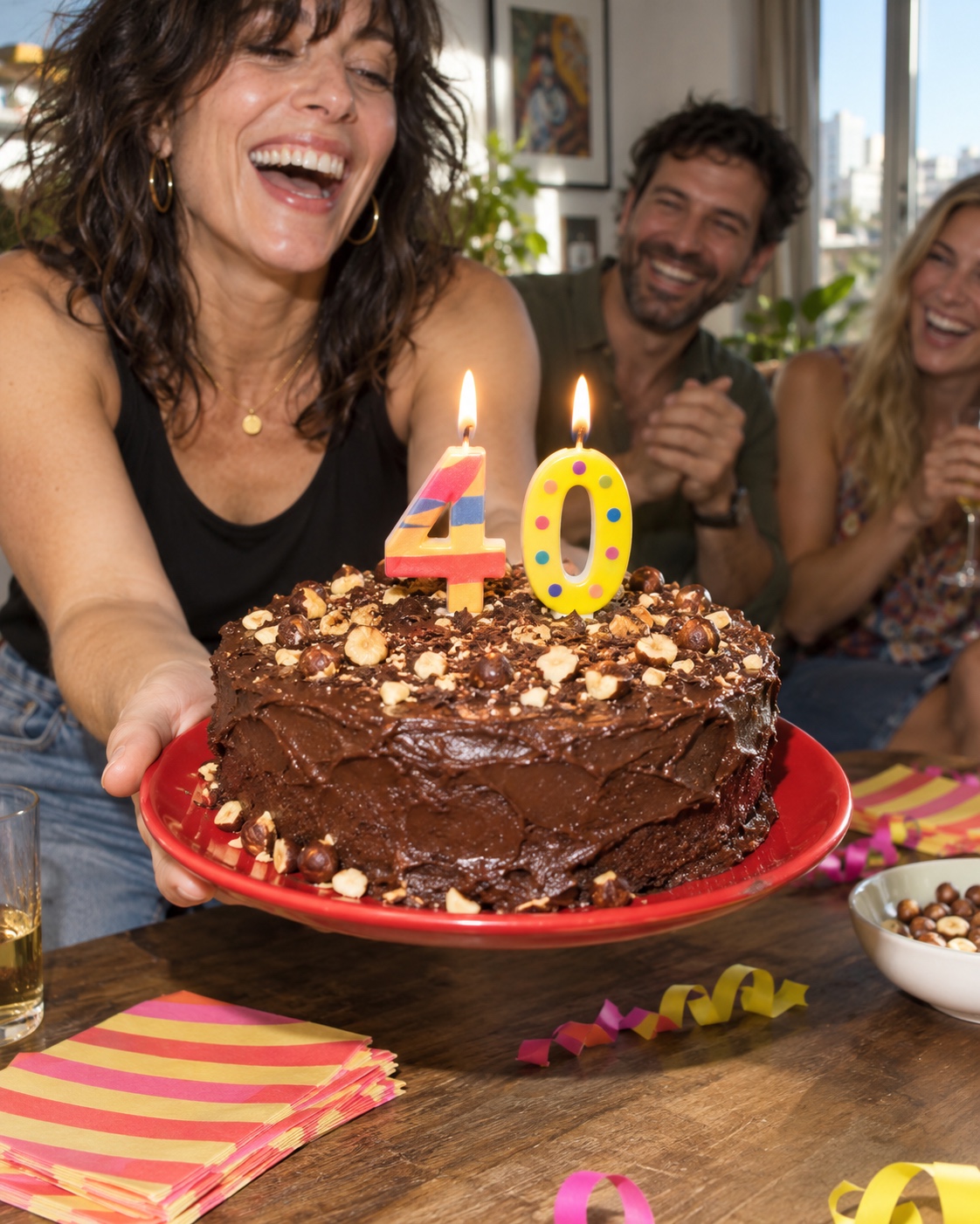 Un gâteau au chocolat et ses bougies 40 dans une fête entre amis