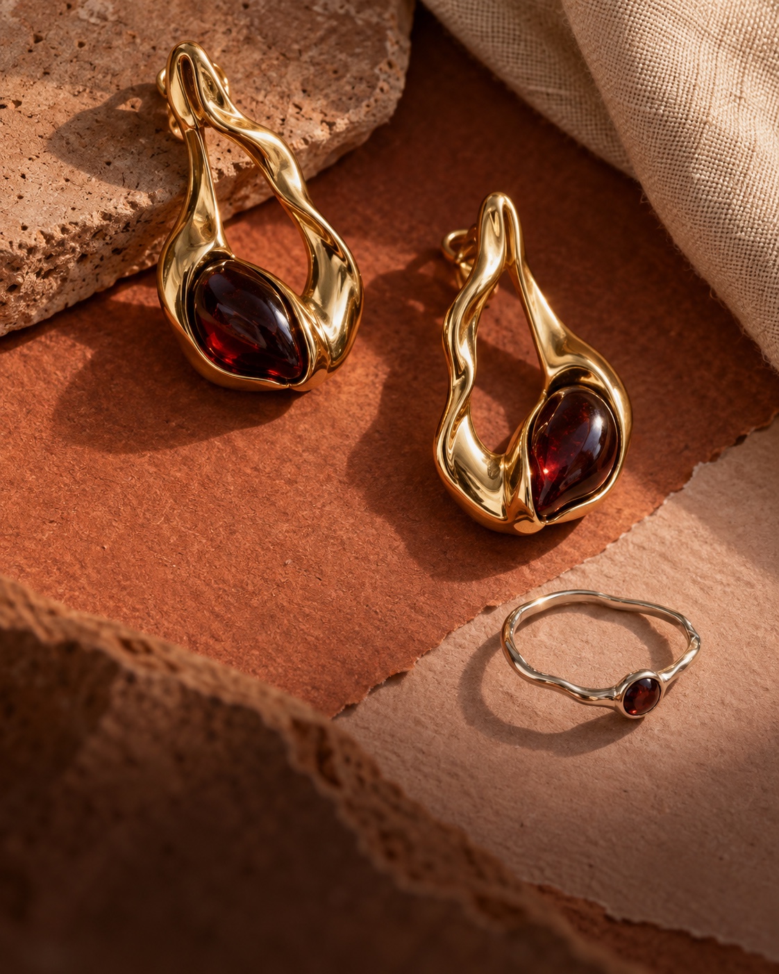 Des boucles d’oreilles sculpturales dorées et une bague sur des papiers terracotta