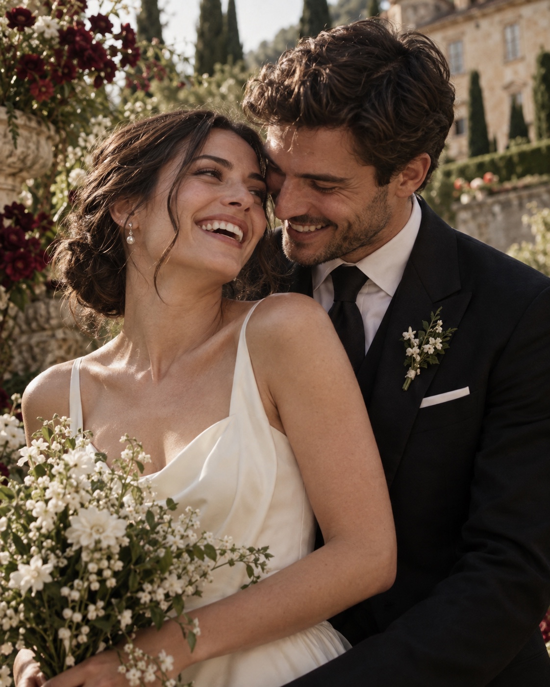 Un couple souriant dans un jardin fleuri