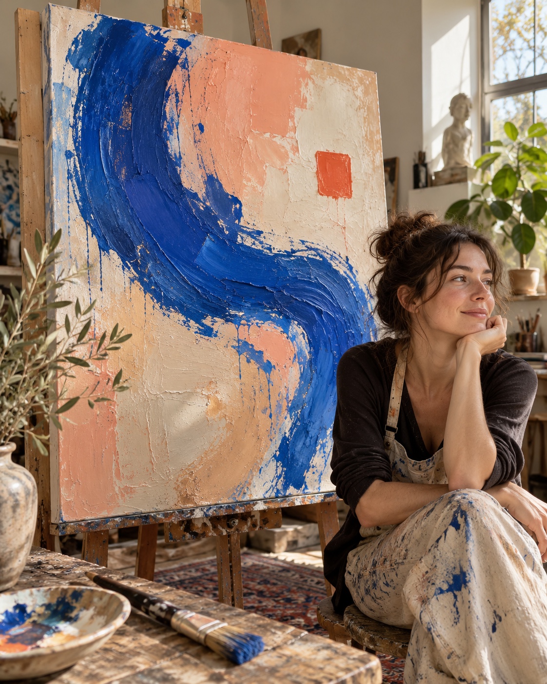 Une toile abstraite colorée dans un atelier