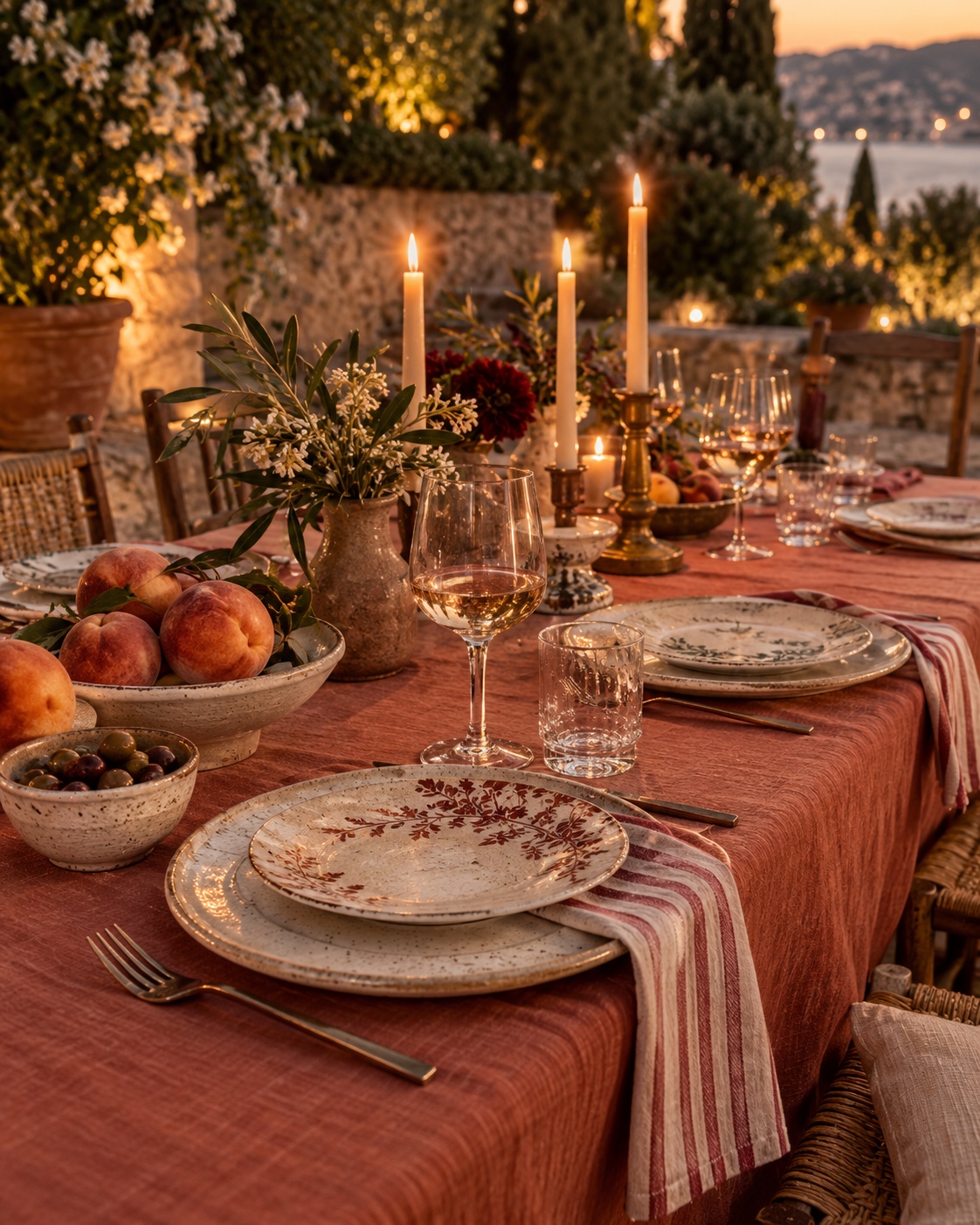 Une table de dîner colorée aux chandelles dans un jardin